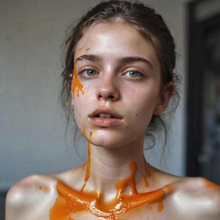 Ultra detailed film photograph with tiny depth of field, shot in an empty studio space with complex lighting. The bare bust of a beautiful woman, her hair and face and slender neck and delicate collarbone and small firm breasts. She looks stoic and severe, soft eyes that are perfectly in focus. Her mouth is overflowing with thick paint, From her lips flows richly orange  colored paint, drooling and trickling  from her lips down her chin, dripping on her tiny breasts, her erect nipples. trickling down her neck. Everything else slips out of focus. Surreal and artistic.