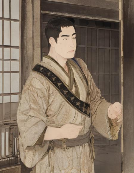 masterpiece,best quality,a  male standing in indoor,outfit,
 <lora:ukiyo-e2-000014:1>