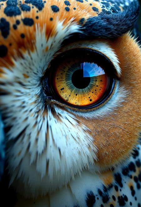 digital art by Adam Martinakis, Goro Fujita and Filip Hodas, Illustration, a close up image of the face of an owl, the reflection on the eyes shows a netherworld, Surrealism, digital manipulation, ethereal landscapes, Concept art, VR painting, imaginative worlds, whimsical characters, digital illustration, Sci-fi digital art, dystopian landscapes, surreal compositions, vibrant colors, dynamic dramatic atmosphere, dynamic cinematic color, flowing, best, unique.
