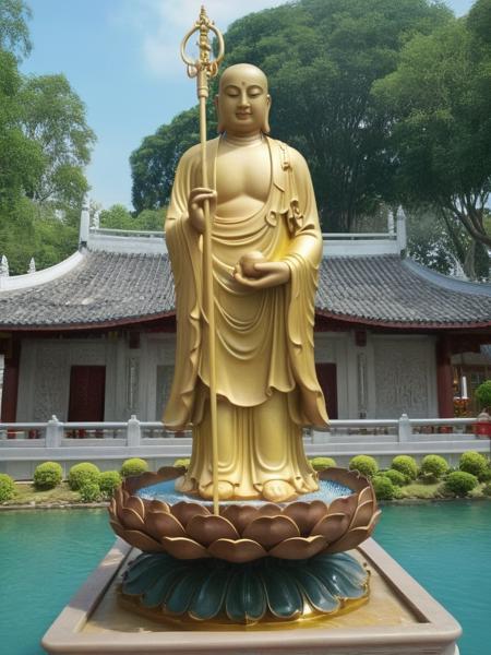 <lora:JJsBudha_Statue_XL:1>, ((DiZang Statue)) ,standing, statue,soft lighting,solo, day light,lily,,water,flower, outdoor,(chinese buddish temple),tree,bush,lake, fountain, ((best quality)),((masterpiece)),((realistic)), , photorealistic, cenery, real world location,))),((best quality)),((masterpiece)),((realistic)), photorealistic, sky, standing, statue,soft lighting,solo, day light,lily,,water,flower, outdoor, tree,bush,lake, fountain, cenery, real world location,