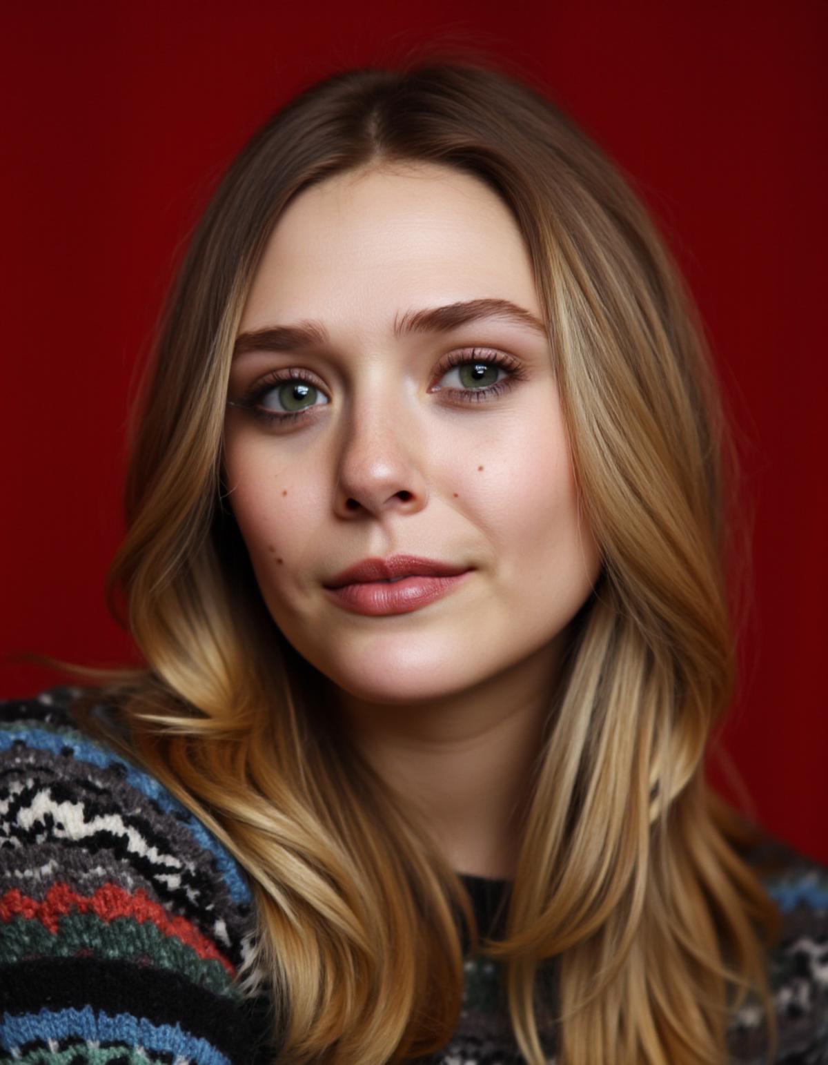 A studio photoshoot, evenly lit, a closeup portrait photo of a woman with medium length hair, gazing directly at the camera with a neutral expression, wearing subtle makeup including muted lipstick, wearing a multicolored knitted sweater, against a red textured background.  <lora:Elizabeth_Olsen_2012_FLUX_epoch_46:1>