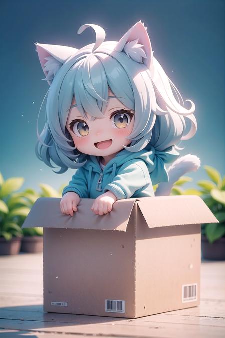 (masterpiece), outdoors, 1girl, cat ears, chibi, smile, open mouth, box, in container