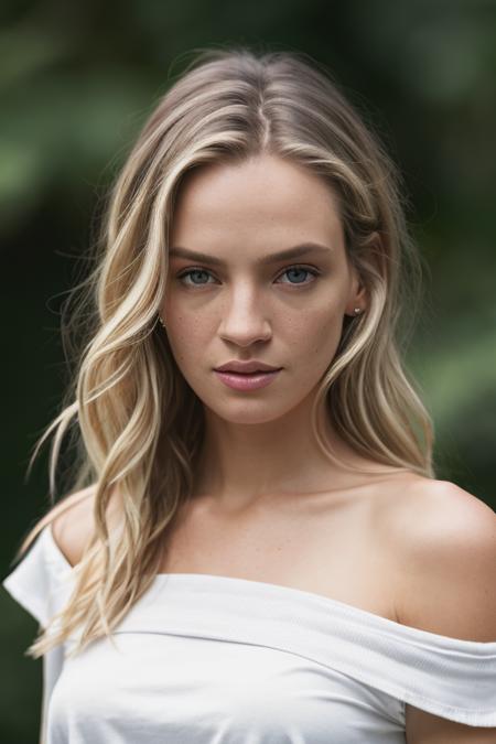 <lora:um4thurm4n:0.9>, a Realistic photo of um4thurm4n woman, long hair, looking at viewer, blue eyes, blonde hair, simple background, shirt, bare shoulders, white shirt, upper body, grey background, off shoulder, mole, lips, crossed arms, realistic, soft lighting, professional Photography, Photorealistic, detailed eyes, RAW, analog, sharp focus, 8k, HD, DSLR, high quality, Fujifilm XT3, film grain, award winning, masterpiece