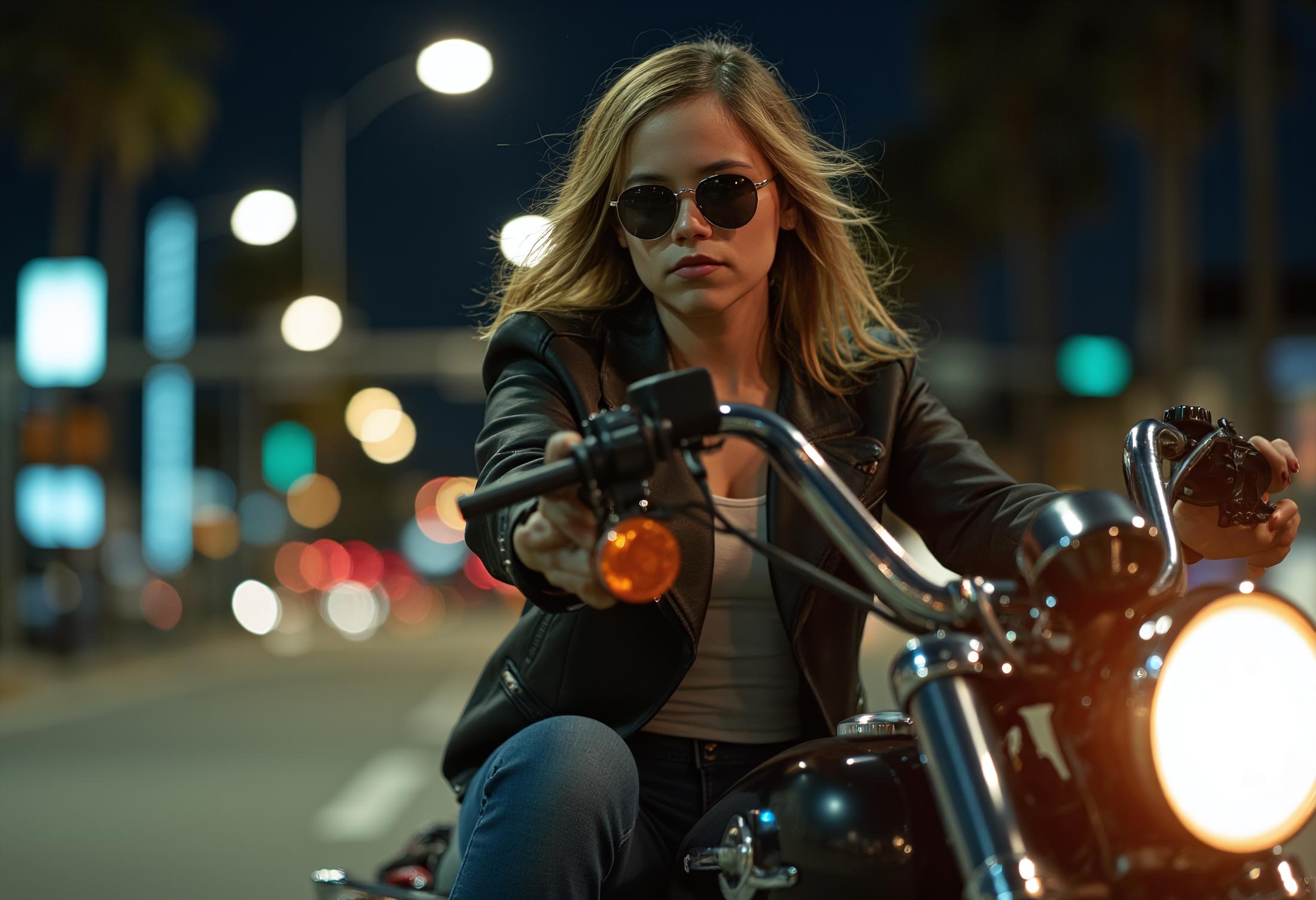 focus is on the woman, closeup headshot of 18 year old woman with a serious look, wearing dark sunglasses, shotgun over the shoulder, riding a harley davidson chopper, through the streets of los angles at night,  at the bottom text reads a news feed  "Riding your Bear to work day"