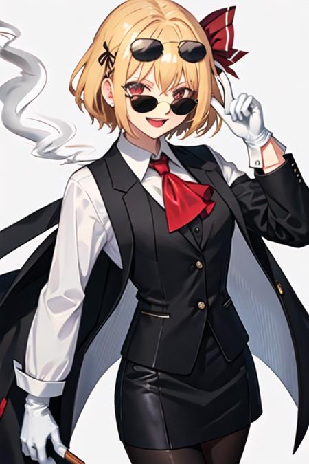 best quality, masterpiece, highres, solo, {black business suit:1.40}, {tie:1.20}, {sunglasses:1.25}, {white gloves:1.15}, {white shirt:1.10}, {black skirt:1.15}, {smoking:1.20}, handsome, {rumia_touhou:1.15}, blonde_hair, ribbon, short_hair, hair_ribbon, red_eyes, vest, smile, open_mouth, red_ribbon, ascot