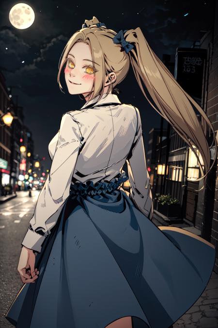 1girl, blonde hair, yellow eyes, blush, twintails, white shirt, blue skirt, long skirt, standing, smile,   <lora:rachel-15:1>, from behind:1.3, looking back,  
depth of field, cityscape, city lights, night sky, full moon,