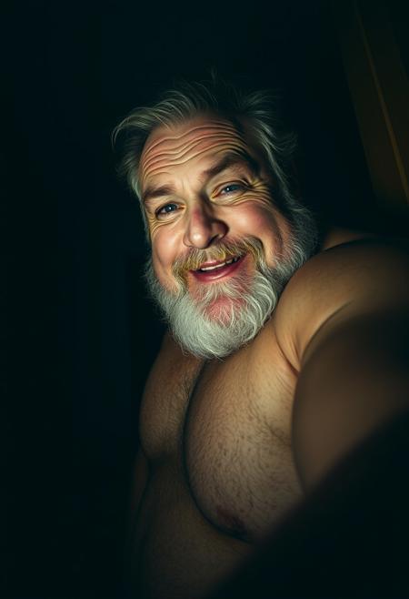 closeup seen from below, Lowlight nighttime mobile camera portrait, Romantic arthouse film showing an intimate scene at night, Alone solo, Lustful pervert gay Sexual tension, vintage erotica photography, old hairy obese tanned grandpa daddybear, looking at viewer with seductive lustful expression, walking into the room, dark hallway,looking directly at  viewer with a seductive perverted smile, moaning softly,  massive muscular steroid biceps, in a dark bedroom at night, lowlight grain, dark blue atmosphere, the man is in the shadows and very dark, blue TV light