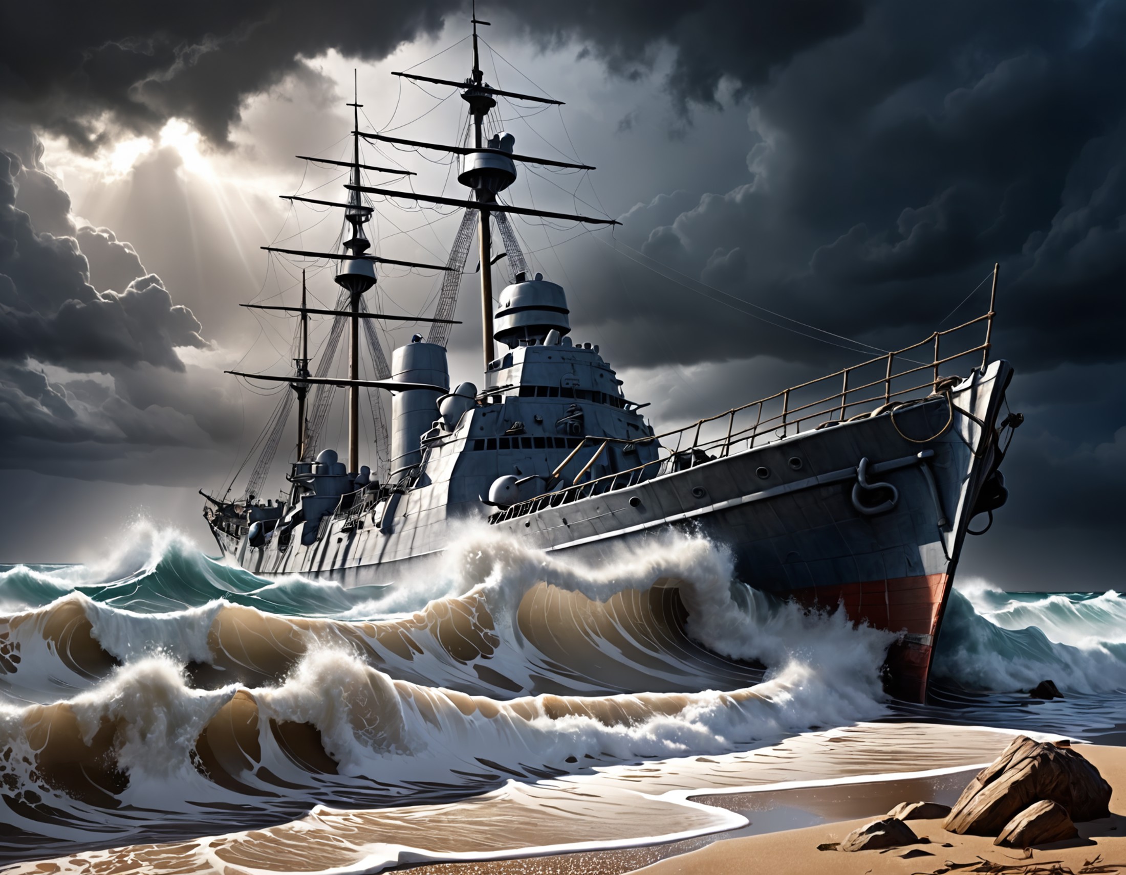 detailed artwork of an warship stranded on a beach , stormy sea, epic light