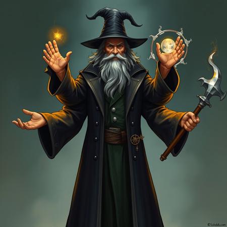 a wizard with four arms, wearing a detailed overcoat.
In one arm, he casts a spell, in the other a magic circle,
and in the other two arms, he holds weapons