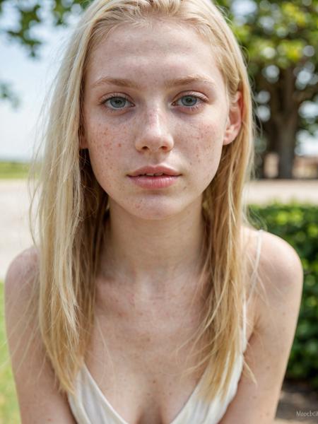 portrait of a pale 18 year old blonde model named Marie with bright eyes, summer dress, no makeup, natural, freckles, beauty spots, submissive expression, hard shadows, soft lighting, sharp focus, skin details