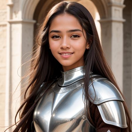 RAW photo, absurdres, high quality, photorealistic, portrait of a young knight woman, looking at viewer, smile, long hair, brown_skin, detailed_skin, (freckles:0.5), photo realism, ultra-detailed, 50mm, f1. 4, 8k uhd, film grain