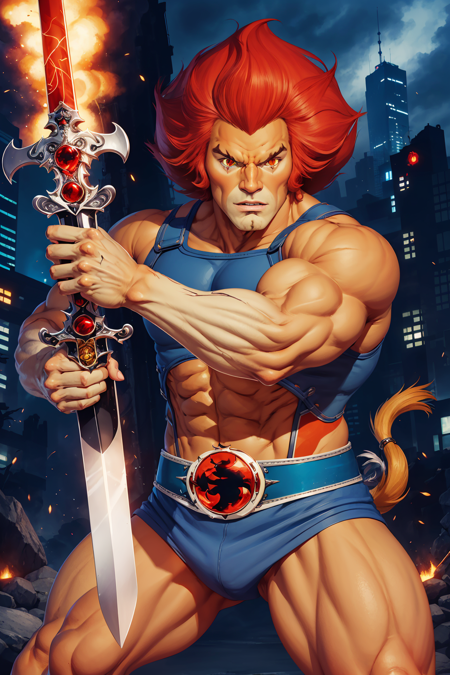 Lion-oQuiron character red hair blue outfit sword