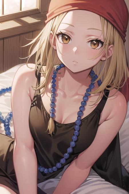 anna kyouyama, blonde hair, short hair, (brown eyes:1.5), bandana, beads, black dress, dress, prayer beads,