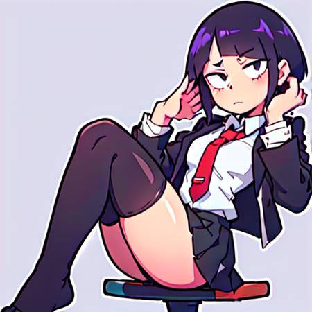 kyoka jiro, 1girl, solo, looking at viewer, short hair, bangs, skirt, simple background, shirt, black hair, long sleeves, sitting, closed mouth, school uniform, jacket, white shirt, pleated skirt, necktie, socks, collared shirt, signature, black eyes, kneehighs, arm support, chair, blazer, crossed legs, red necktie, black background, green skirt, black socks, hand on own face, outline, head rest, grey jacket, white outline, stool, elbow rest, u.a. school uniform, long earlobesearlobes<lora:KyokaJiroLoRA-10:0.6>