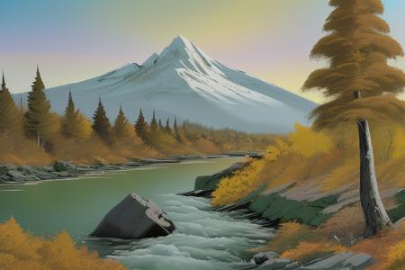 High detail landscape painting in the style of b0b <lora:BobRoss1:0.75>, snowy mountains in the distance, autumn colors, pine trees, winding river, rocky terrain, long grass,
8k high definition, highest quality, masterpiece, best quality, 8k, HDR, beauty, ultra-detailed, amazing,