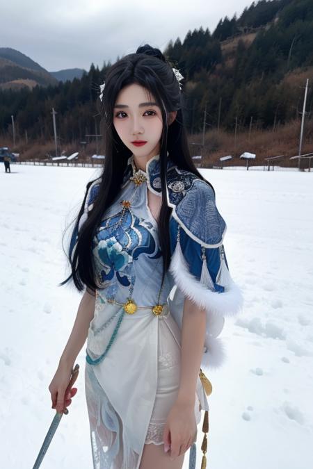 ltra-detailed,highly detailed,best quality,masterpiece,illustration,realistic,photorealistic,
guqinghan,cangyugezhu, 1girl, solo, 
looking at viewer, cowboy shot,
outdoors, winter, snow, flower, 
<lora:guqinghan cangyugezhu_v1_04:0.7>