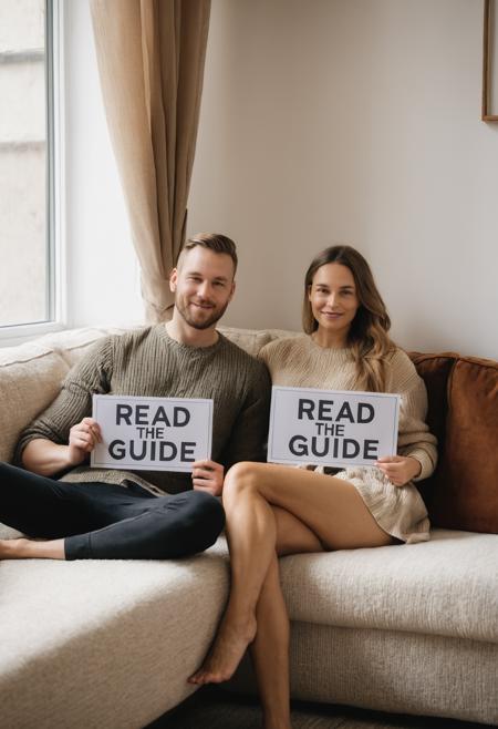 A man and a woman sitting on a couch, both looking directly at the camera, both holding a sign saying "READ THE GUIDE", environment cozy living room, style candid photography, mood relaxed, lighting natural from window, texture soft couch fabric