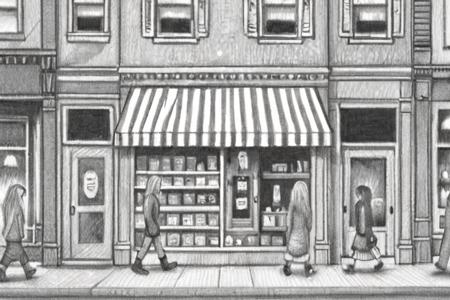 a drawing of a storefront with people walking by by Brian Selznick  <lora:Brian_Selznick_Style_XL:1>