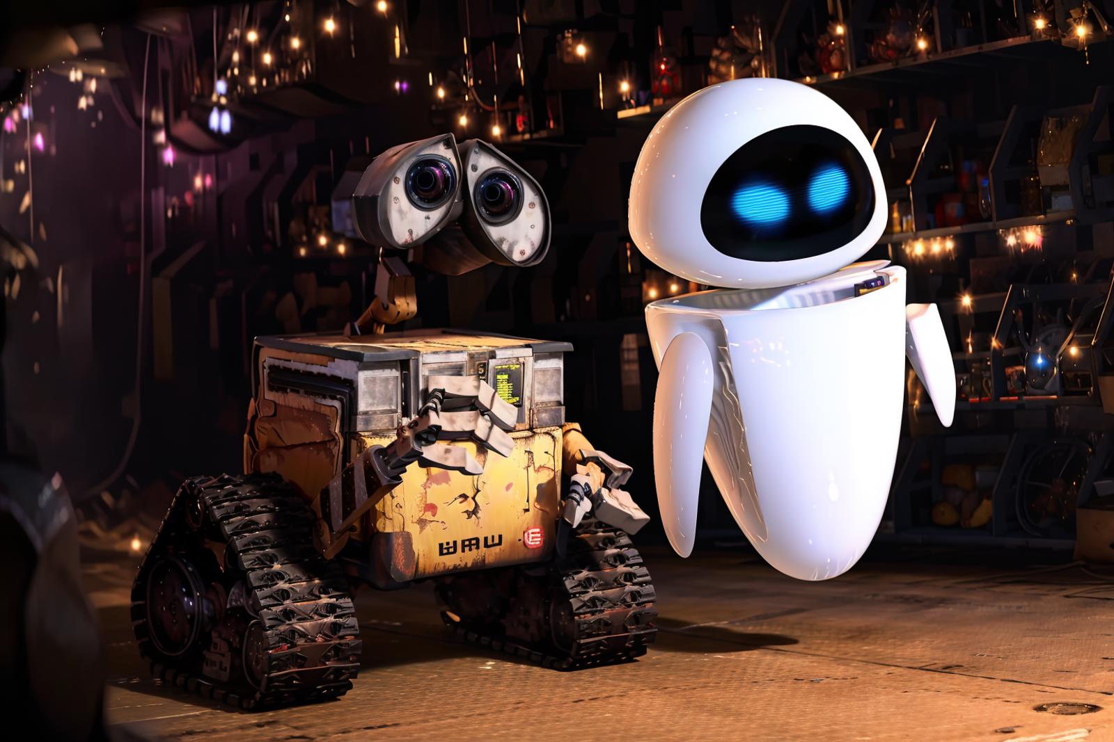 A Scary Robot and a Cute Robot in a Movie Theater.