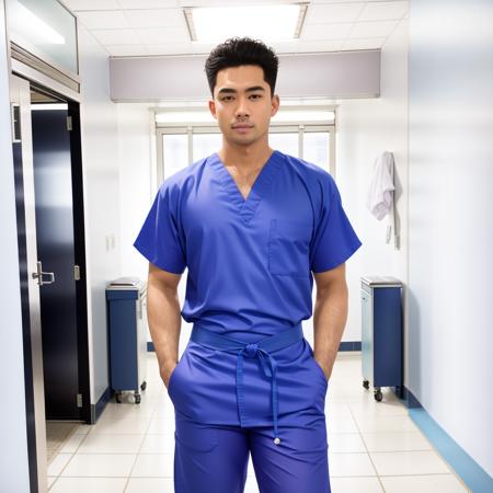 RAW photo, absurdres, high quality, photorealistic, sharp focus, 
a man wearing scrubs,
indoors, hospital, hallway, 
photo realism, ultra-detailed, 50mm, f1. 4, 8k uhd, film grain, 
 <lora:nurse:1>