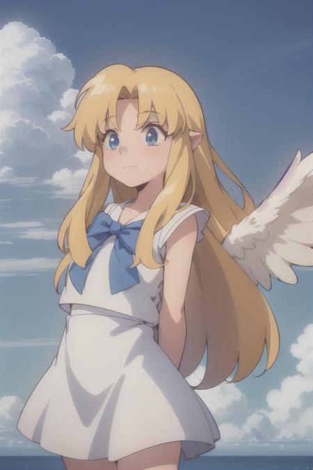 1girl, heaven, pearly gates, god rays, 80's anime style, <lora:filoTateNoYuusha_v10:0.5> filo, clouds, mist
upper body, filo, 1girl, solo, embarrassed, closed mouth, white wings, hite dress, blue bow, long hair, blue eyes, looking at viewer, parted bangs, bent over, arms behind back, <lora:filo2-05:0.9>, claymation