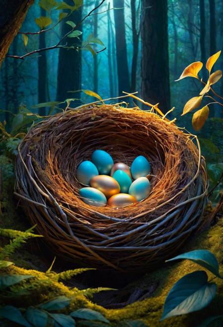 Insanely detailed illustration, beautiful composition!! A bird nestled in her nest, set against the backdrop of a forest at twilight. The nest, glowing with a soft, luminescent light, cradles the bird as she watches over her eggs. The forest around her is bathed in the gentle hues of dusk, with shadows and light playing across the leaves and branches. The scene combines the real with the surreal, creating an atmosphere of enchanting tranquility and natural magic. The bird and her nest are depicted with hyperrealistic detail, each feather and twig rendered with precision, glowing subtly as if illuminated by an inner light. The overall effect is ethereal, blending the bird and her nest seamlessly with the mystical forest environment, as if they are an integral part of this magical world. The colors are deep and vivid, adding to the intense and infinite feel of the scene.