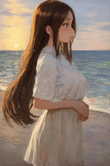 ,<lora:monetloha13v4note-000010:1>,masterpiece,best quality,1girl,SandyBrown hair,seaside,heavy rain,evening