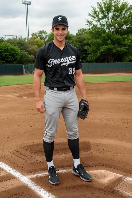 outdoors, ((baseball field)), LoganRobbins, baseballplayer, baseball uniform, black jersey, gray pants, black socks, gray sneakers, gray baseball cap, smiling, masterpiece, (((full body portrait))), full body shot, wide angle  <lora:LoganRobbins:0.75>  <lora:Clothing - Sexy Baseball Player:0.6>