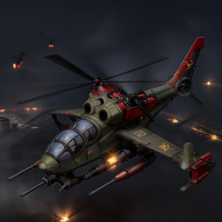 analog gloomy aerial photo of a black (twinblade helicopter, <lora:twinblade:0.8>), ((nighttime)), (flying low through a (city on fire) at night), city ruins, (urban combat), ((explosions in the background)), High Detail, Sharp focus, (photorealism), realistic, best quality, 8k, award winning,  masterpiece, ambient fog:1.5, war, depth of field, dutch angle, motion blur, realistic, soviet , red, ((two helicopter propellers))