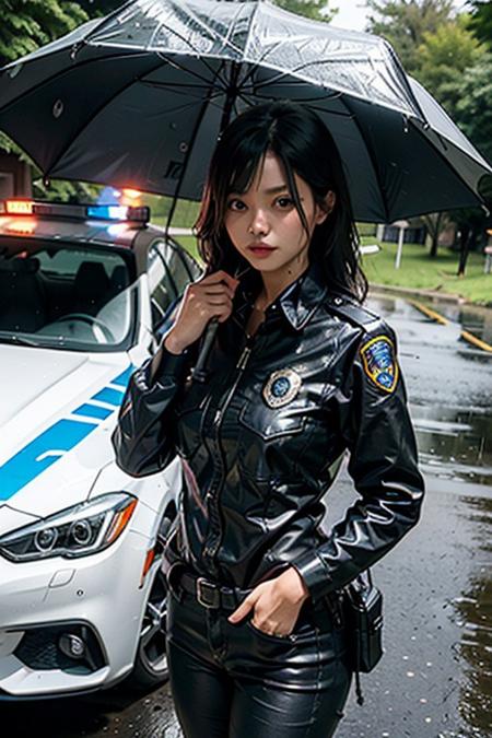wet policewoman standing in rainy weather next to her police-car.