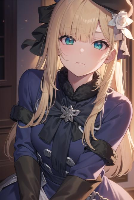 fgoreines, <lora:reines-lora-nochekaiser:1>,
reines, blonde hair, (green eyes:1.5), long hair, bangs, blunt bangs, (small breast:1.2),
BREAK beret, black headwear, black ribbon, blue dress, brown gloves, dress, flower, fur collar, fur trim, fur-trimmed sleeves, gloves, hair flower, hair ornament, hair ribbon, hat, long sleeves, ribbon, rose, tilted headwear, white flower, white rose,
BREAK looking at viewer,
BREAK indoors,
BREAK <lyco:GoodHands-beta2:1>, (masterpiece:1.2), best quality, high resolution, unity 8k wallpaper, (illustration:0.8), (beautiful detailed eyes:1.6), extremely detailed face, perfect lighting, extremely detailed CG, (perfect hands, perfect anatomy),