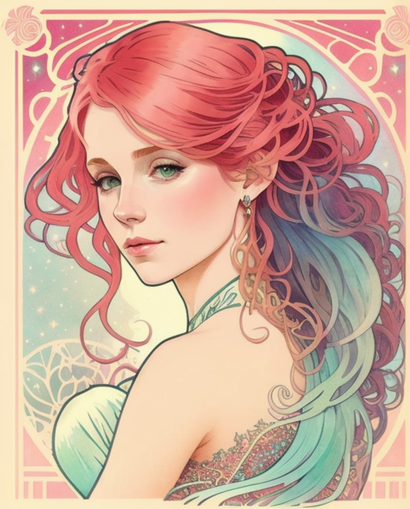 Ariel, Mermaid Girl with a Tail, Red Hair, Pastel, Glitter, Dramatic, Dreamy, Pastel, Watercolor, Whimsical, Delicate, Sea...