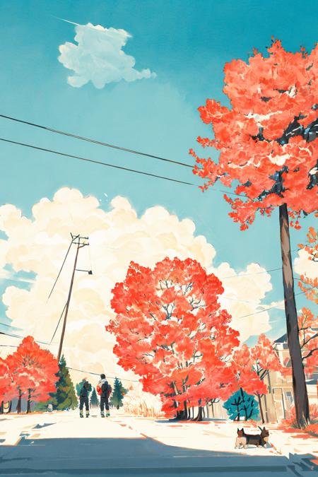 multiple boys, outdoors, trees, grass, dog, kids, backpacks, power lines, long distance, depth of field, sky, expanse, (illustration:1.0), masterpiece, best quality, <lora:Colored lead_20230801210009:0.82>