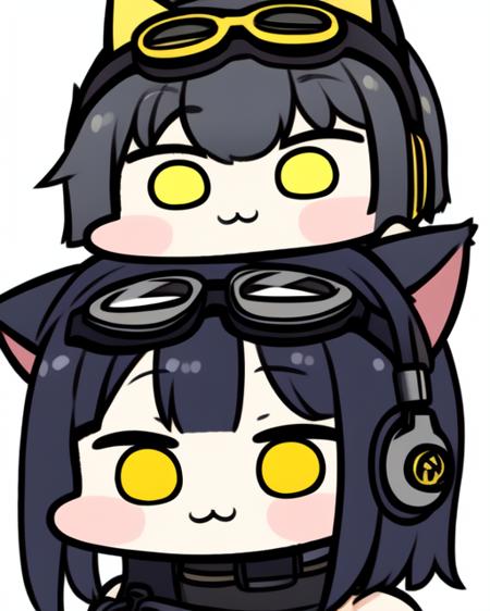 <lora:JazzJack:0.75>
chibi, 1girl, holding machinegun,  yellow eyes, short black hair, cat ears, :3, goggles on head, headphones