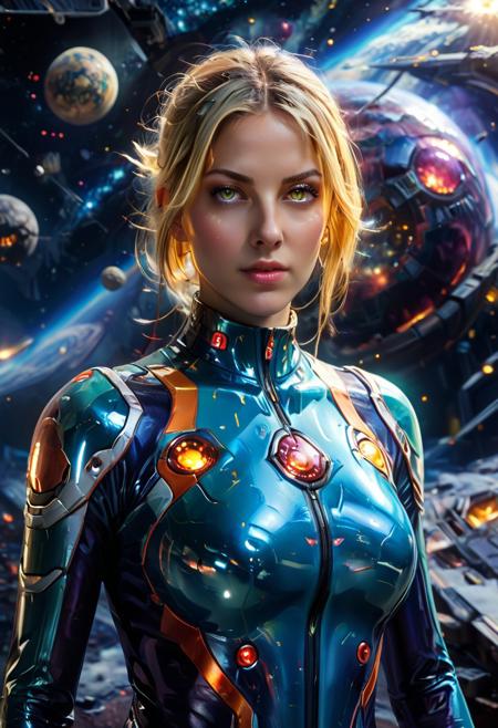 (((score_7_up, score_8_up, score_9, masterpiece, best quality, better quality,))),(perfect face;perfect), PsychadelicChaos, chaos, 1 girl, solo, Samus aran, Zero suit, space, exploding planets in background, chaos, armagedon, fire background, morph, psychadelic