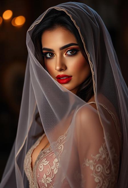 a gorgeous 30 years old middle eastern woman, brown perfect skin, long dark brown hair with veils, arabic eyeliner defines her beautiful big brown eyes, bronze eyeshadow, luscious sensual dark red lips, rouge, perfect curves, veiled lace long dancer dress with fine embroidery, looking at viewer playfully and seductively, professional photo, photorealistic, erotic lightning, high detailed