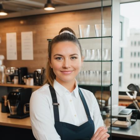 professional portrait of barista girl, in glass office background (pores:0.9) <lora:Professional_Portrait_1.5-000008:1>