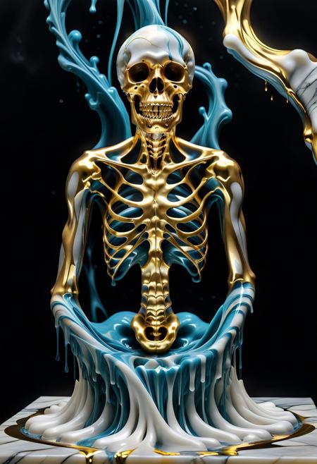 A surreal representation of death made from liquid marble, with topaz and gold swirling throughout the form. The figure is ethereal, with the marble dripping and melting in a slow, deliberate motion. The liquid marble seems to flow like smoke, wrapping around skeletal features, forming a skull with hollow eyes and a gaping mouth. The topaz and gold hues create an aura of fading life, with shimmering veins of light running through the darkness. The figure's arms are elongated and flowing, blending seamlessly into the swirling marble that seems to dissipate into nothingness. The overall scene feels both majestic and eerie, with the marble melting away into the void, representing the impermanence of existence and the inevitable passage into death.