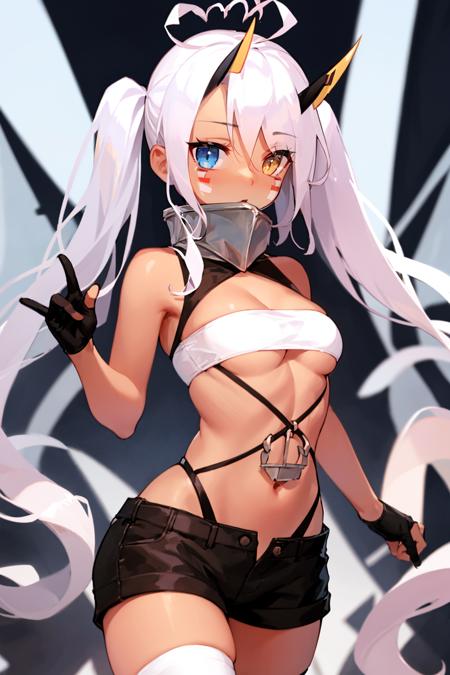 (masterpiece_1.3), (best quality_1.2),indianapolis \(azur lane\),1girl,solo,heart ahoge,yellow eyes,blue eyes,heterochromia,pink hair,dark-skinned female,long hair,ahoge,dark skin,very long hair,bangs,twintails,horns,looking at viewer,medium breasts,facepaint,shorts,underboob,turtleneck,mechanical horns,eyes visible through hair,black gloves,gloves,thighhighs,white thighhighs,black shorts,bandeau,partially fingerless gloves,cleavage,navel,hair between eyes<lyco:GoodHands-beta2:0.5>    <lora:30_indianapolis:1>