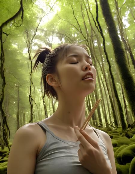 In a high-contrast, greyscale image captured from a low angle, the powerful figure of 4LY554, a woman with short, spiky ponytail and closed eyes, is framed against the backdrop of a dense, moss-covered forest. Her head slightly tilted, she holds up chopsticks in one hand, her teeth gently gripping the wooden utensils, as she gazes introspectively at a distant power line that cuts through the canopy above. The vibrant green foliage and dappled sunlight filtering through the leaves create an ethereal glow around her, casting intricate shadows across her strong jawline and sharp features. Her simple t-shirt blends seamlessly with the surrounding greenery, reinforcing her connection to the natural world, while the power line serves as a stark reminder of human influence in this otherwise untouched landscape. The emotional tone is one of contemplation and harmony, as if she is both a part of the forest and a force that transcends it.