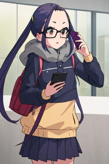 best quality, masterpiece, highres, solo, {ogaki_chiaki_yurucamp:1.15}, glasses, purple_hair, long_hair, brown_eyes, black-framed_eyewear, blue_hair, 1girl, cellphone, holding, holding_phone, long_sleeves, phone, shirt, yellow_shirt, talking_on_phone, blush