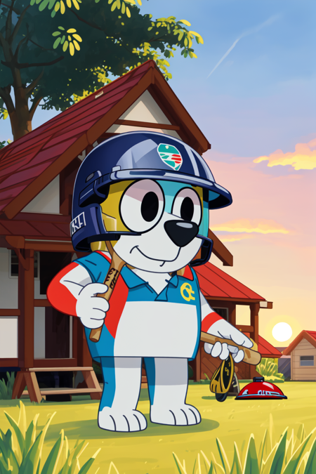 Bluey Style, holding, holding a cricket bat, standing, outdoors, sky, black eyes, tree, parody, wearing helmet, grass, furry, body fur, flat color, sunset, dog, house, no humans, <lora:Bluey:0.5>