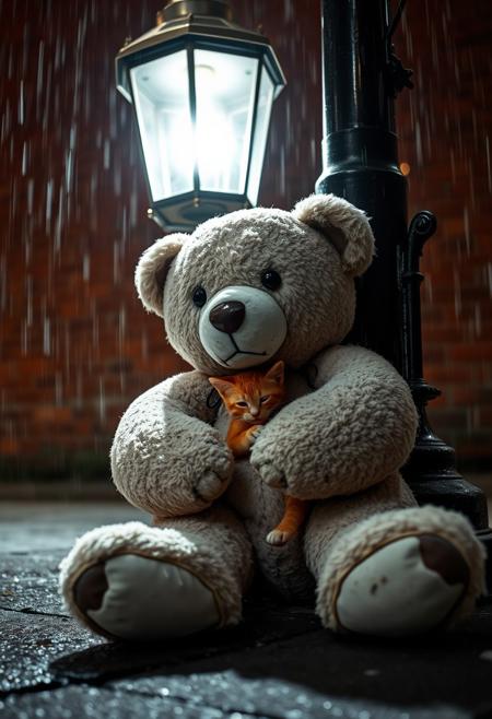 Nightfall scene: A worn, white teddy bear, covered in dirt and grime, sits majestically on the pavement beside a lamppost, its soft glow casting a warm ambiance. The red brick wall provides a striking backdrop. Amidst this urban setting, a small, shivering ginger cat, cowering from the chill, nestles within the teddy bear's embrace, its tiny form illuminated by the lamplight. heavy rain pours down