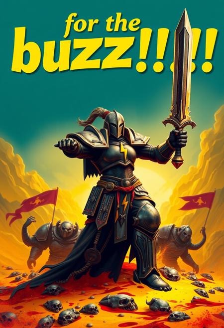 Propaganda Poster, text title stylized "for the Buzz!!!", a Warcraft Deathknight, her armour worn, yellow lighting bolts logos on her clothing. Her enemies slain. The knee deep in the blood of her enemies. Blood is bright yellow instead of red. Her banner planted in the heart a slain foe, the Day is won, the sun gloriously shines a new day, She looks glorious, blade in hand raised towards the sky above