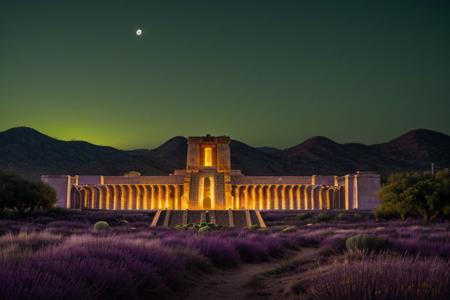 (tall ancient stone towers; 1.39) (ziggurat temple complex emerging from landscape: 1.39) raw photo, moonlight, night photography, high exposure, Arizona desert, Saguaro Cactus, Tall Mesa,  cozy, photorealistic, high detailed texture, 8k uhd, dslr, soft lighting, high quality, film grain, (Fujifilm XT3, Sony A7 IV: 1.19), highly detailed photography, (muted colors, cinematic, dim colors, soothing tones:1.2), vibrant, insanely detailed, hyperdetailed, (dark shot:1.2), (vsco:0.3), (intricate details:0.9), (hdr, hyperdetailed:1.2) (highest coherency: 1.39) (highest quality: 1.39) (rule of Thirds) (award winning) (breathtaking) (masterclass) (vibrant color: 0.79) (distant hillside) (cinematic lighting, David Park, lights,) (purple-green glow: 1.49)
