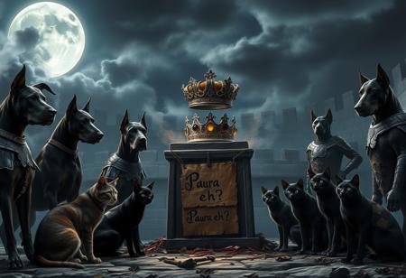 Under a stormy sky, a medieval arena carved from ancient stone is illuminated by cold, silvery moonlight. The scene is tense, with five Dobermans standing on one side, their muscular forms clad in dark, battle-worn armor engraved with intricate patterns. Their eyes glow with an unnatural intensity, and their breath forms mist in the chilly night air. Opposite them, five enigmatic cats crouch low, each wearing patchwork armor made from scavenged materials—leather, metal, and bones. Their reflective eyes glint in the darkness as their tails flick in anticipation. At the center of the arena, a stone pedestal holds a crown made of twisted metal and dark, glimmering jewels, emitting an eerie, pulsating glow. The ground around the pedestal is littered with remnants of past battles—broken weapons and shattered armor. A weathered cardboard sign, hanging from the pedestal, reads “Paura eh?” in jagged, dripping script, as if taunting both sides. The atmosphere is charged with suspense as the Dobermans and cats, driven by a mixture of fear and determination, prepare for the imminent clash under the watchful, ominous moon.