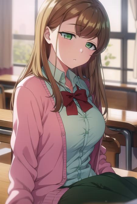 minakosanada, <lora:minakosanada-lora-nochekaiser:1>, 
minako sanada, long hair, brown hair, (green eyes:1.5),
BREAK long sleeves, bow, school uniform, bowtie, red bow, cardigan, pink cardigan,
BREAK looking at viewer,
BREAK indoors, classroom,
BREAK <lora:GoodHands-vanilla:1>, (masterpiece:1.2), best quality, high resolution, unity 8k wallpaper, (illustration:0.8), (beautiful detailed eyes:1.6), extremely detailed face, perfect lighting, extremely detailed CG, (perfect hands, perfect anatomy),