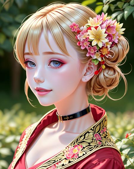 4K, Masterpiece, highres, absurdres,natural volumetric lighting and best shadows, deep depth of field, sharp focus, soft delicate beautiful attractive face,blonde Nadia with sunglasses and a choker , smiling, 
1girl, solo, hair ornament, upper body, flower, hair flower,  hair bun, puffy lips, with a edgJapan haircut,
 <lora:Nadia:0.35> <lora:edgJapan:0.78>