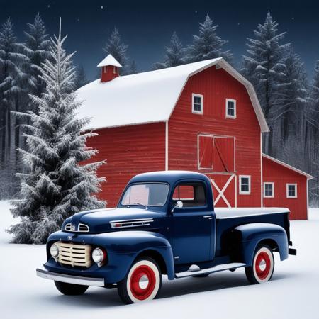old dark blue 1952 Ford truck with a  fir tree in its cabin. Winter background with a red farm eve and snowy woods.