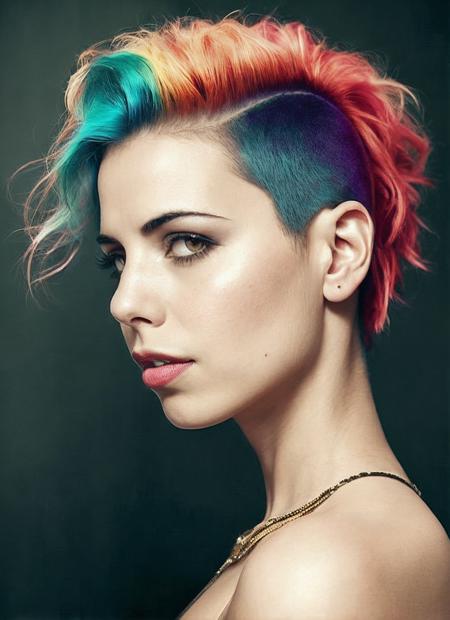 portrait of sks woman by Flora Borsi, style by Flora Borsi, bold, bright colours, rainbow Mohawk haircut, ((Flora Borsi)), <lora:locon_laurabailey_v1_from_v1_64_32:1.25>